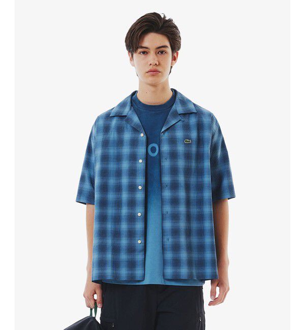 LACOSTE「リネンブレンドオープンカラーオンブレチェックシャツ」|シャツ・ブラウス|グレイッシュブルー