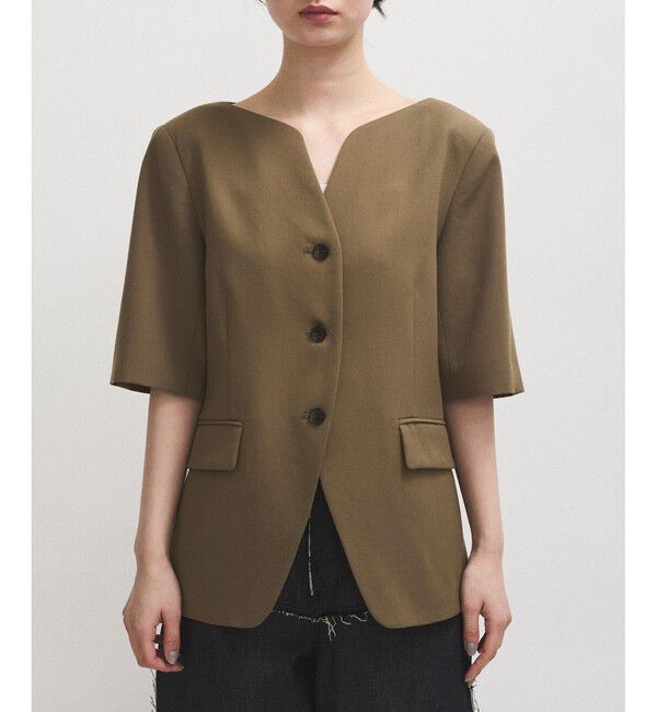 ADAM ET ROPE'「【EMOELLE】スリットネックハーフスリーブジャケット」|ノーカラージャケット|