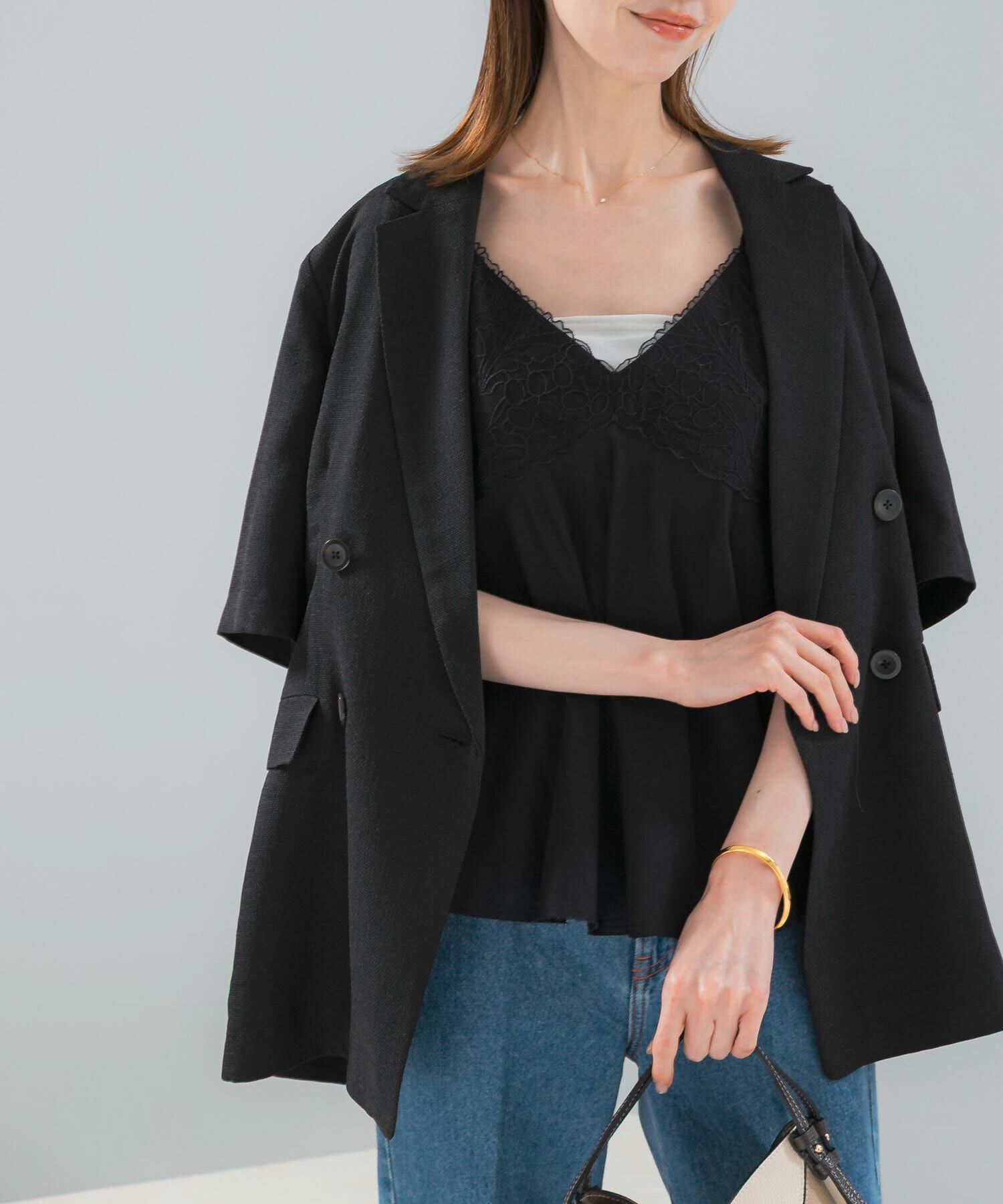 URBAN RESEARCH ROSSO「リネン混レイヤードレースキャミソール」|キャミソール|ブラック