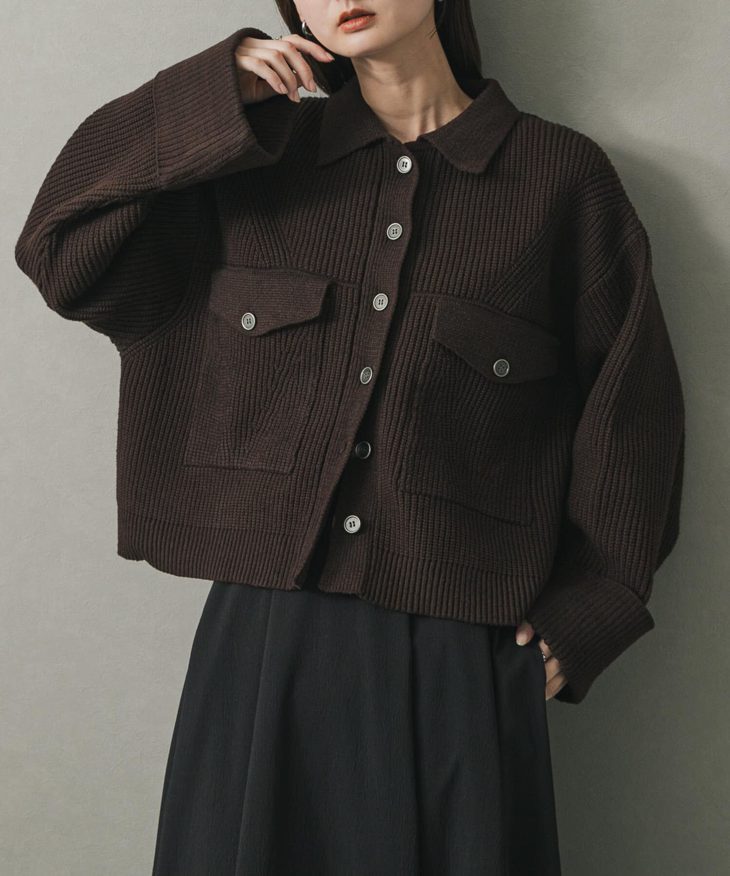 SENSE OF PLACE by URBAN RESEARCH「ニットショートジャケット」|ノーカラーコート|ブラウン