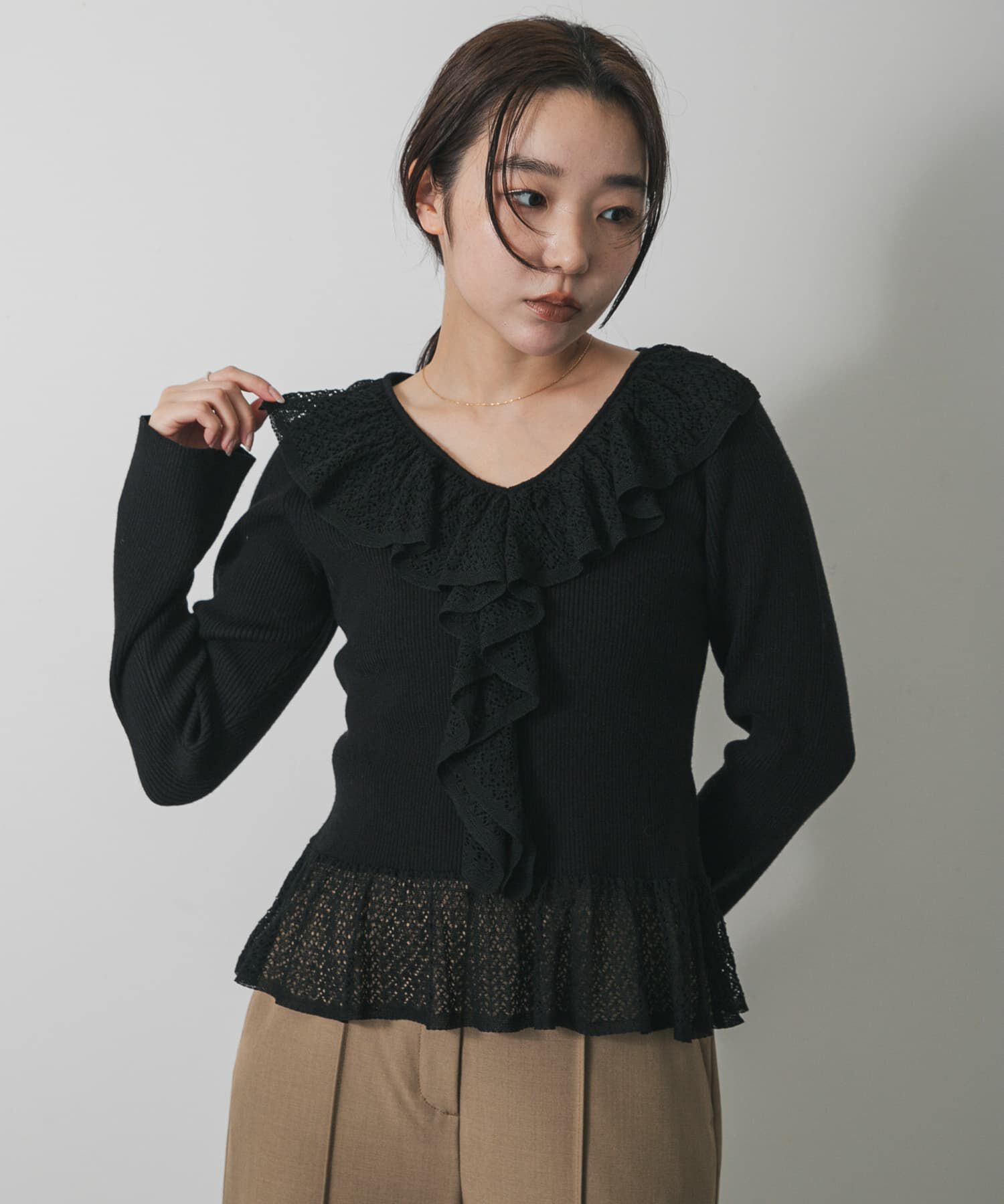 SENSE OF PLACE by URBAN RESEARCH「『洗濯可』フリルレースフレアスリーブニット」|ニット・セーター|