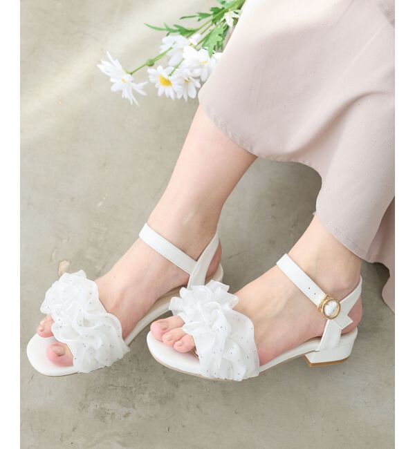  「ローヒールフリルビジューサンダル」|サンダル|オフ