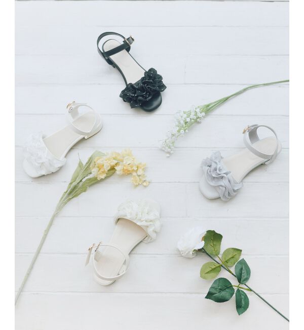  「ローヒールフリルビジューサンダル」|サンダル|