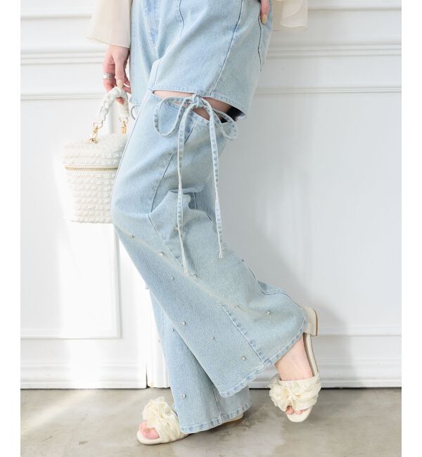  「ローヒールフリルビジューサンダル」|サンダル|