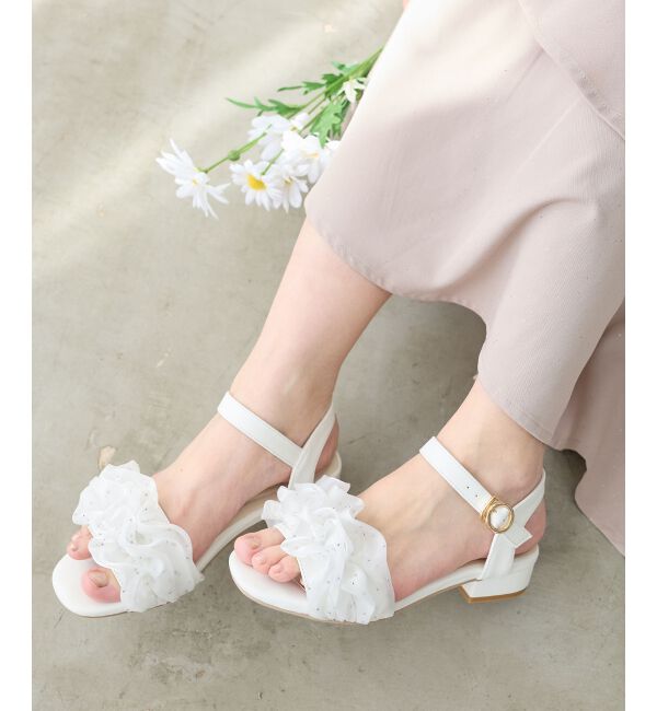  「ローヒールフリルビジューサンダル」|サンダル|