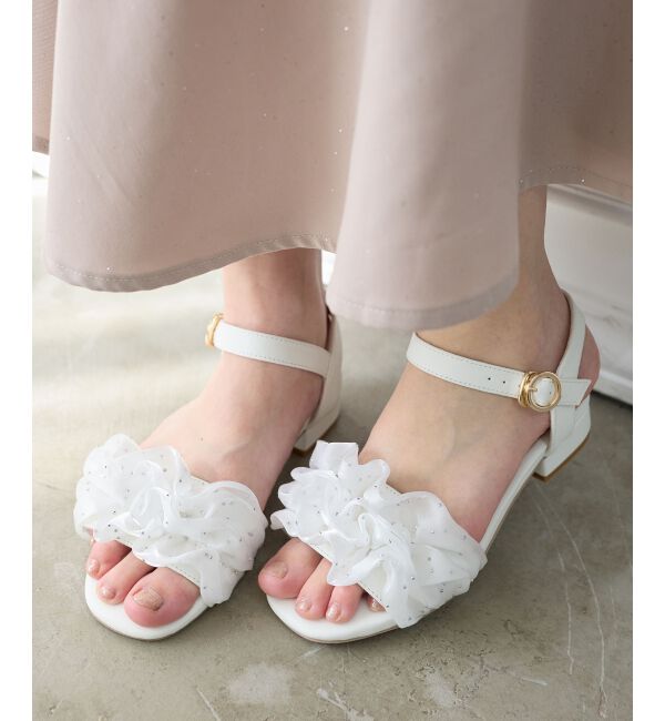  「ローヒールフリルビジューサンダル」|サンダル|