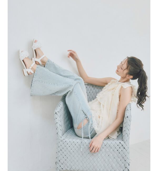  「ローヒールフリルビジューサンダル」|サンダル|