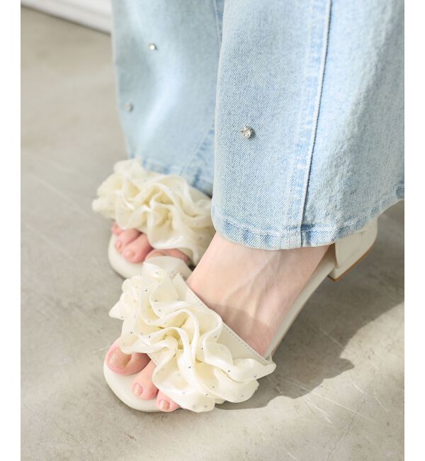  「ローヒールフリルビジューサンダル」|サンダル|