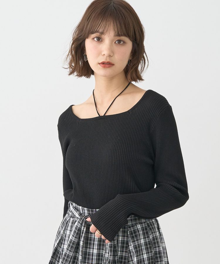 earth music&ecology「スクエアホルターネックリブプルオーバー」|ニット・セーター|Black