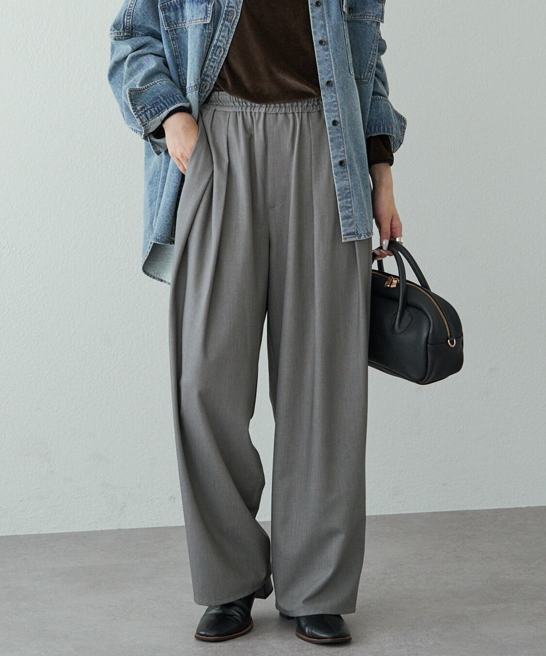  「【新色追加】ツータックウエストゴムストレッチパンツ」|その他|グレー