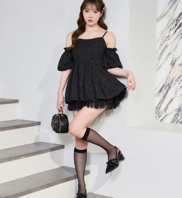  「【Black Ribbon Collection】異素材バルーンミニワンピース」|ワンピース|