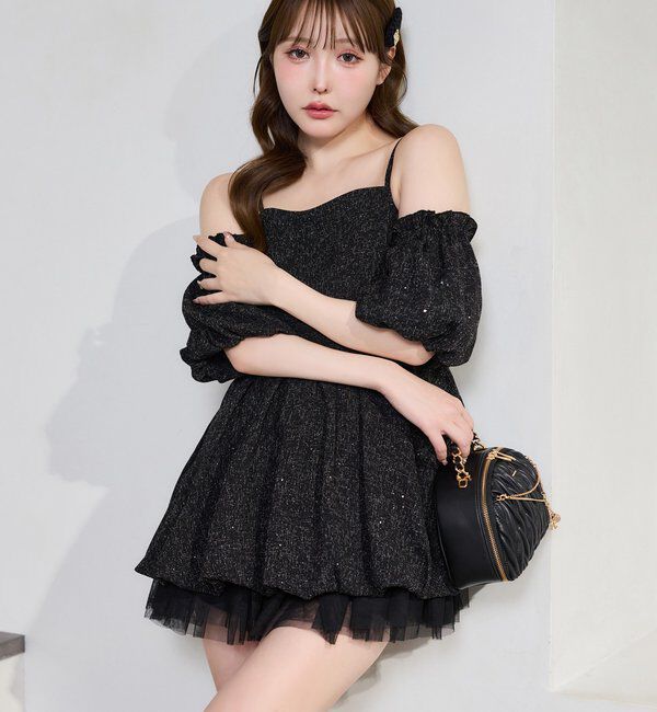  「【Black Ribbon Collection】異素材バルーンミニワンピース」|ワンピース|
