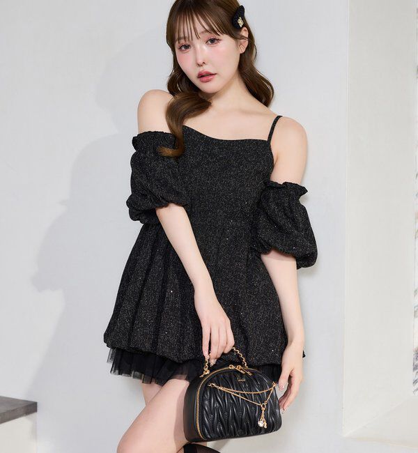  「【Black Ribbon Collection】異素材バルーンミニワンピース」|ワンピース|