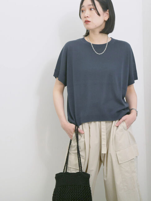 Samansa Mos2 blue「【マシンウォッシャブル】麻タッチニットプルオーバー」|ニット・セーター|ネイビー