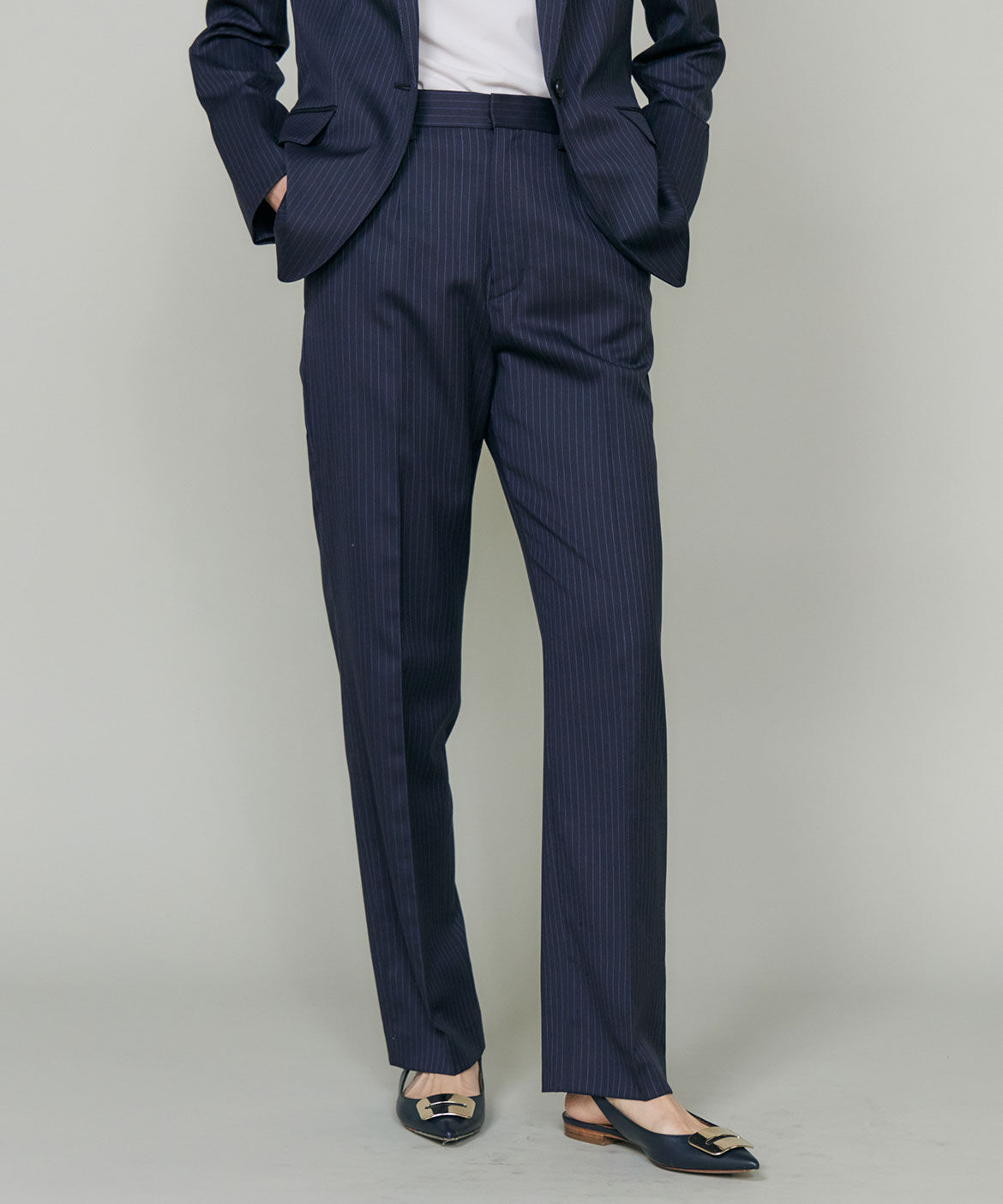 INED「《大きいサイズ》シルクウールストライプセンタープレスパンツ」|その他|