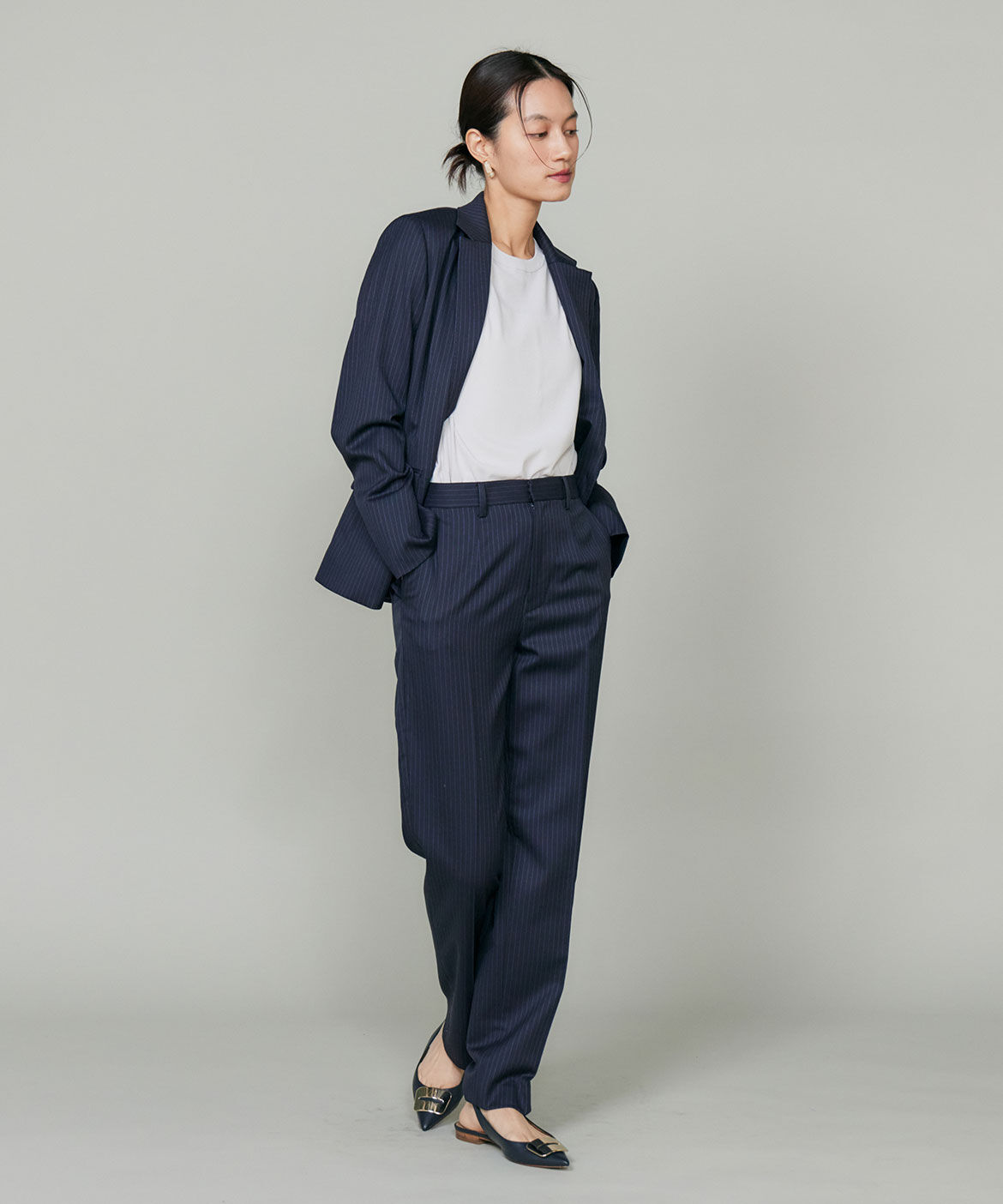 INED「《大きいサイズ》シルクウールストライプセンタープレスパンツ」|その他|