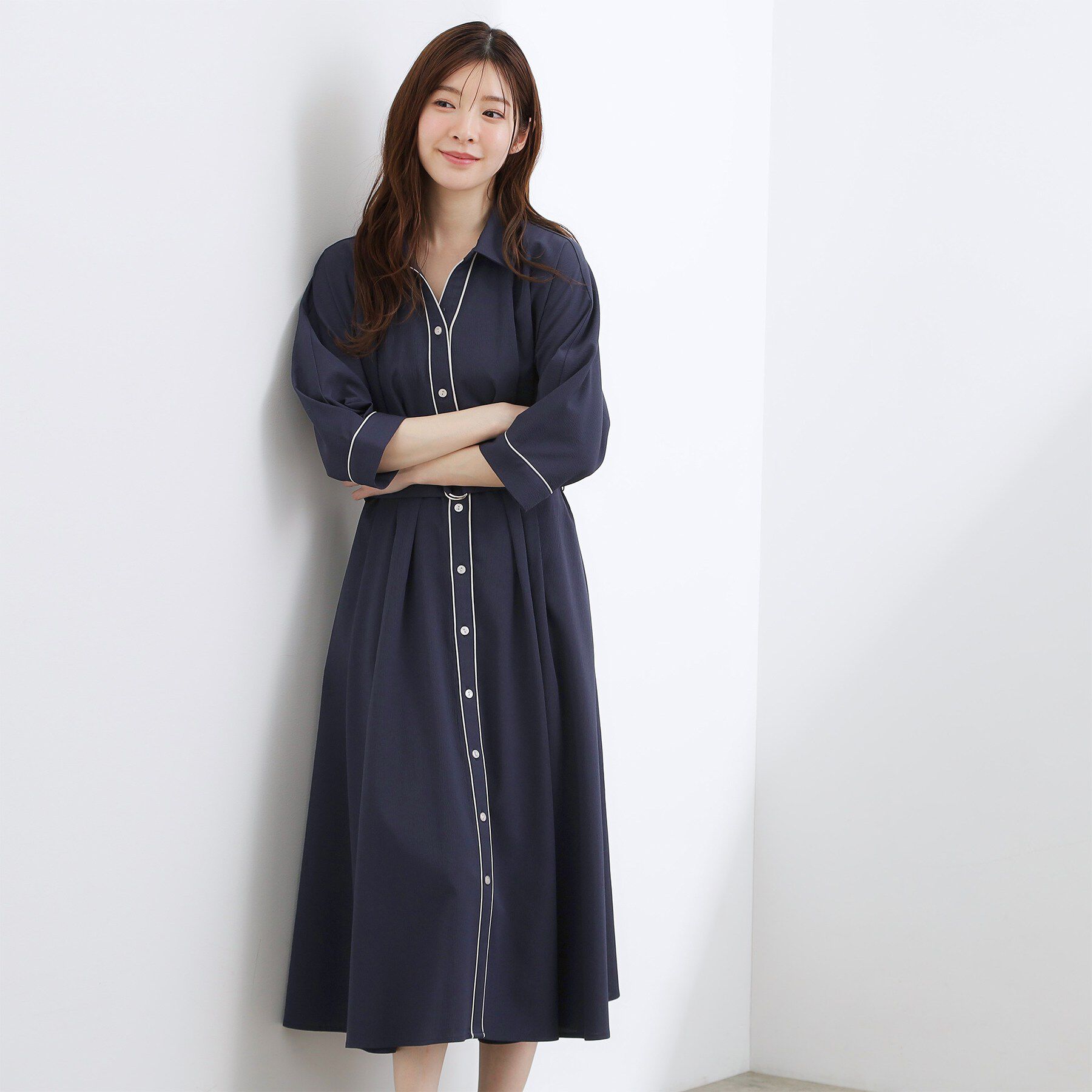 grove「【貴島明日香さん着用・美シルエット】ウエストタック配色ワンピース」|ワンピース|ネイビー&times;グレー(5