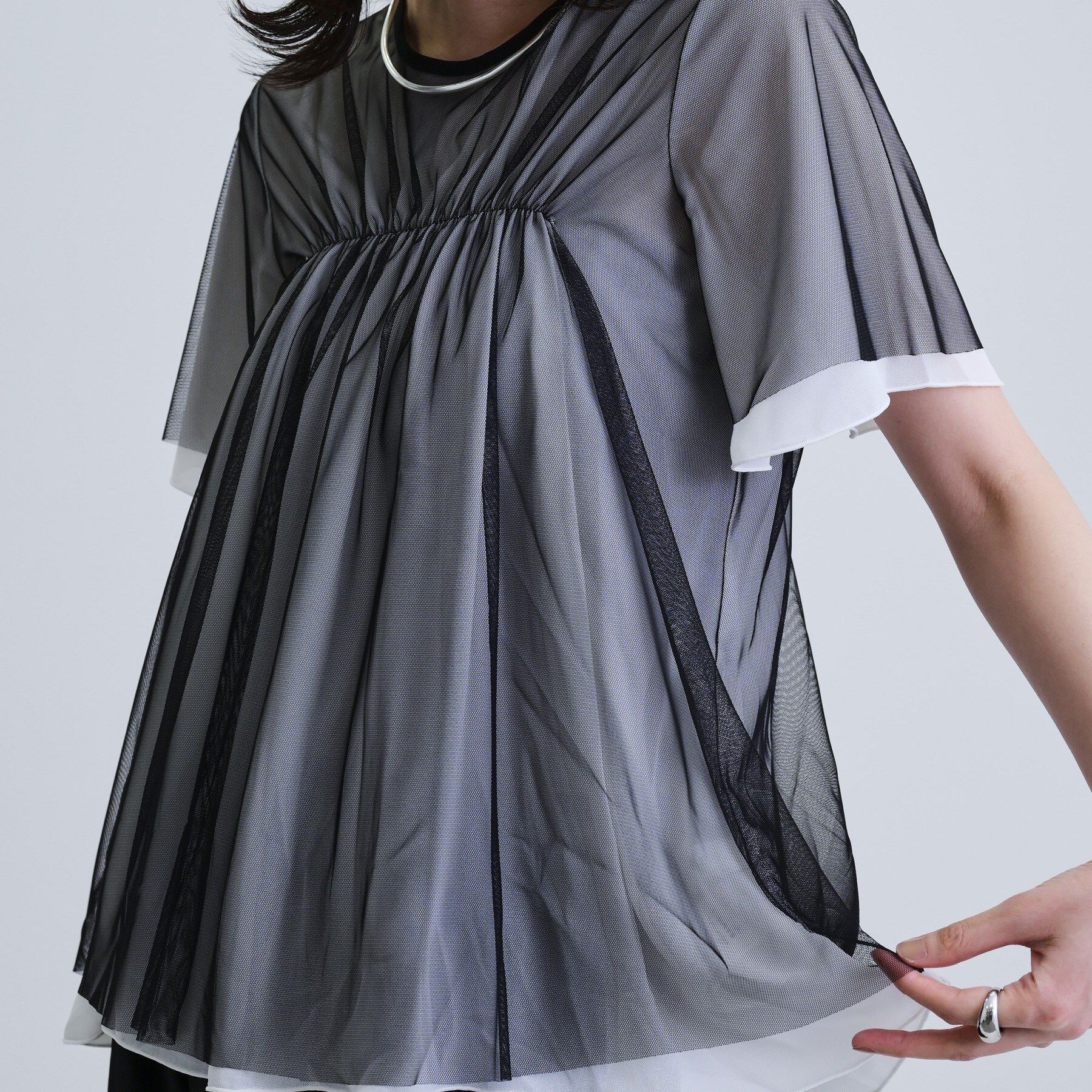 GALLEST「メッシュギャザーTシャツ」|Tシャツ・カットソー|ブラック(019)