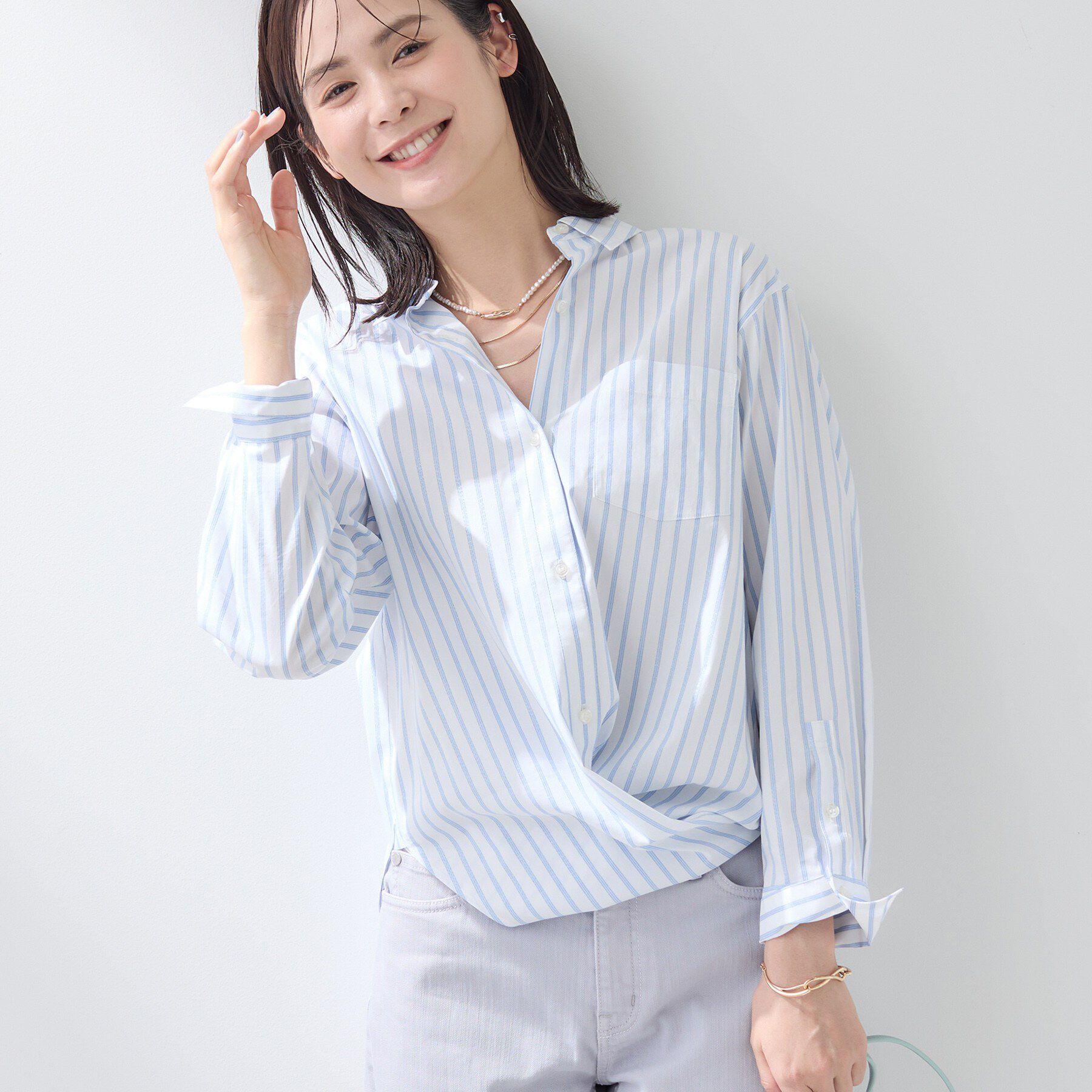 INDIVI「【2WAY／洗える】ラメストライプ コットン混シャツ」|シャツ・ブラウス|