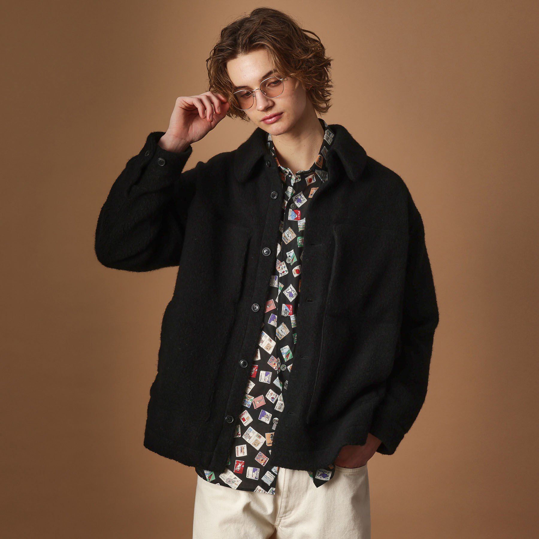 40CARATS&525「ウール混パイルボア4パッチシャツ」|ブルゾン・スタジャン|ブラック(019)