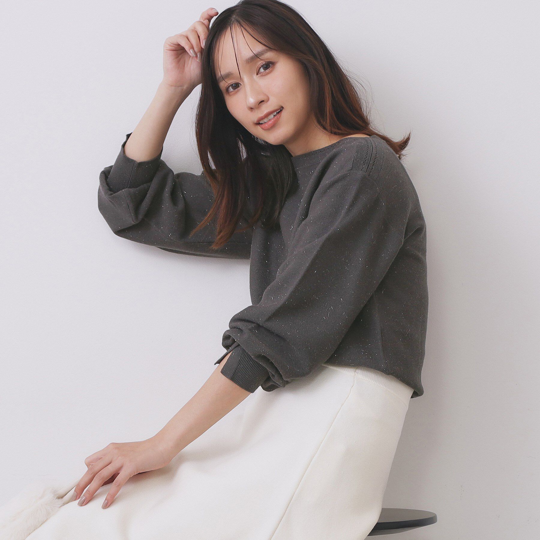 index「ラメガーター編みボートネックニット【洗濯機OK】《8col/XS～LL》」|ニット・セーター|チャコールグレー(8