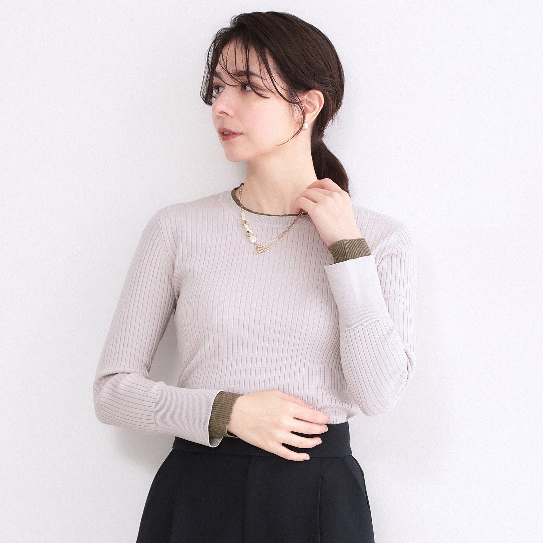 OPAQUE.CLIP「レイヤード風クルーネックリブニット【洗濯機OK】」|ニット・セーター|ライトグレー(011