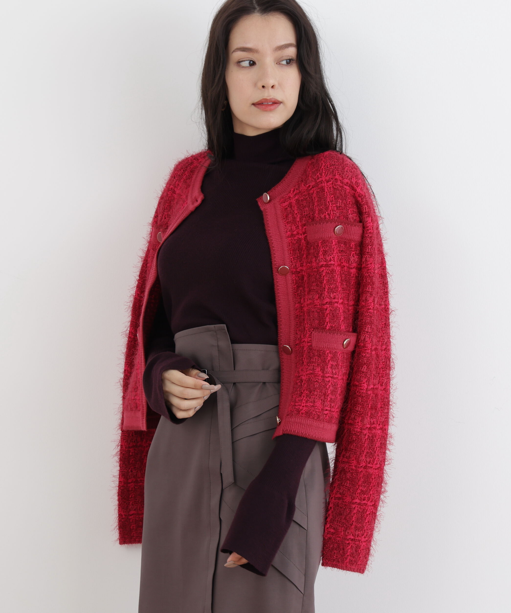  「◆フェザーヤーンツイードニットジャケット」|その他|レッド