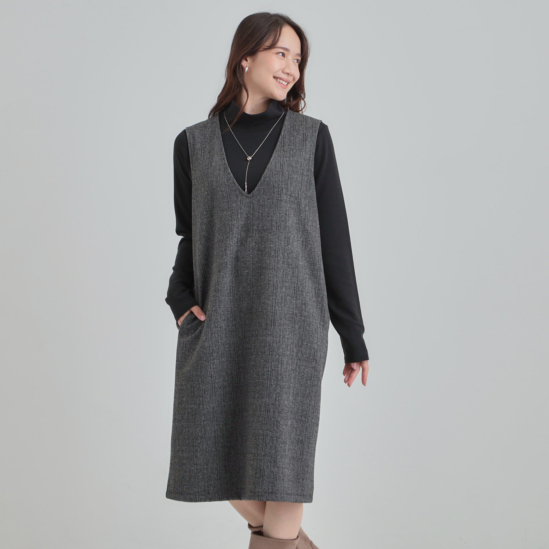 SHOO･LA･RUE「【2点セット/洗濯機可】時短でコーデが決まる ジャンドレ+リブインナー」|ワンピース|