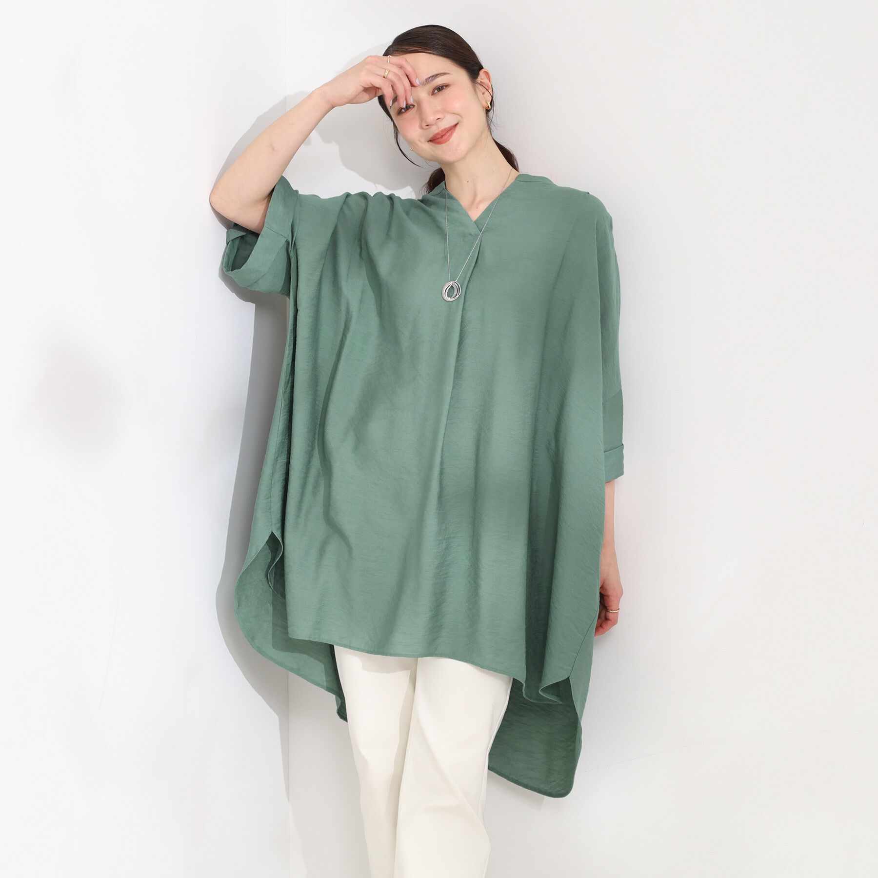 SHOO･LA･RUE「【ひんやり/洗濯機可/体型カバー/S-LL】動くたび揺れる落ち感が魅力 スキッパーチュニックワンピー」|チュニック|