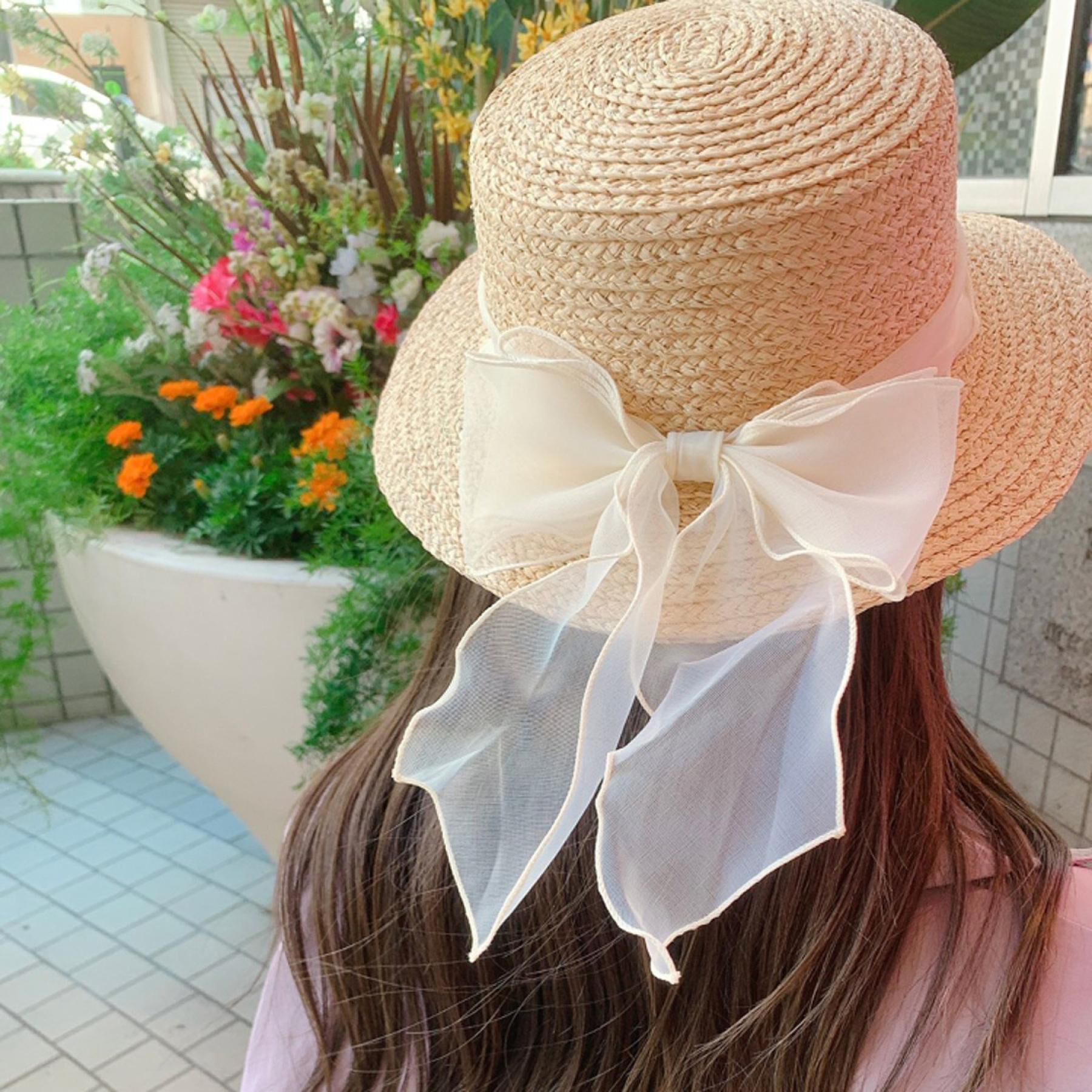 Grandedge「カンカン帽オーガンジーリボン」|ハット|