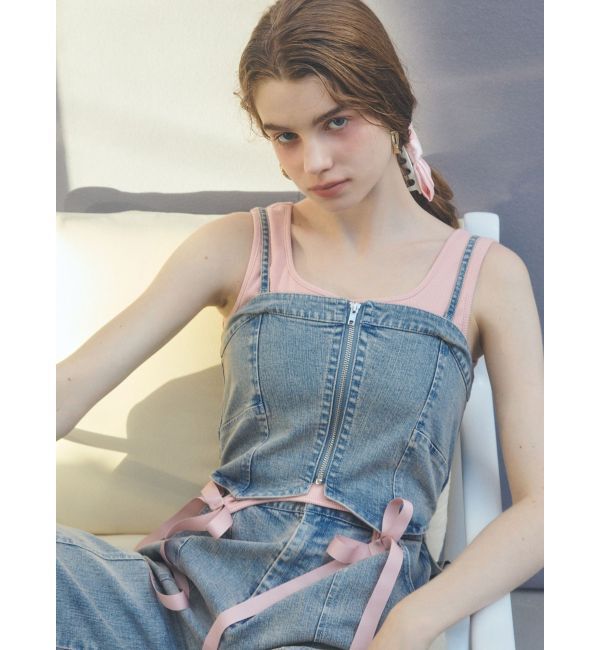 CALNAMUR「BACK RIBBON DENIM ALL IN ONE/バックリボンデニムオールインワン」|ワンピース|