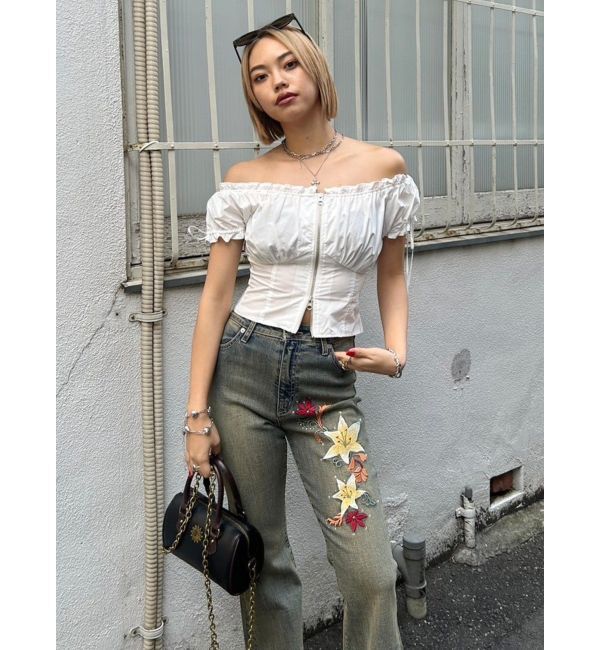 EVRIS「Embroideryフレアデニムパンツ」|デニム|