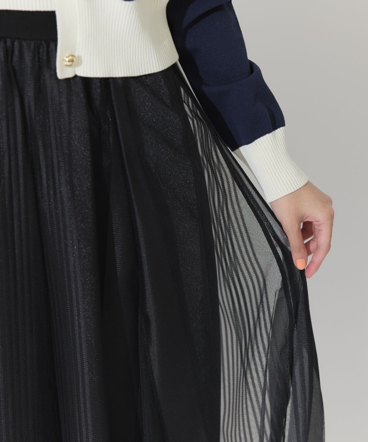 アンドクチュール「ウエストリブサイドラインストライプ&times;チュールロングスカート」|フレア|