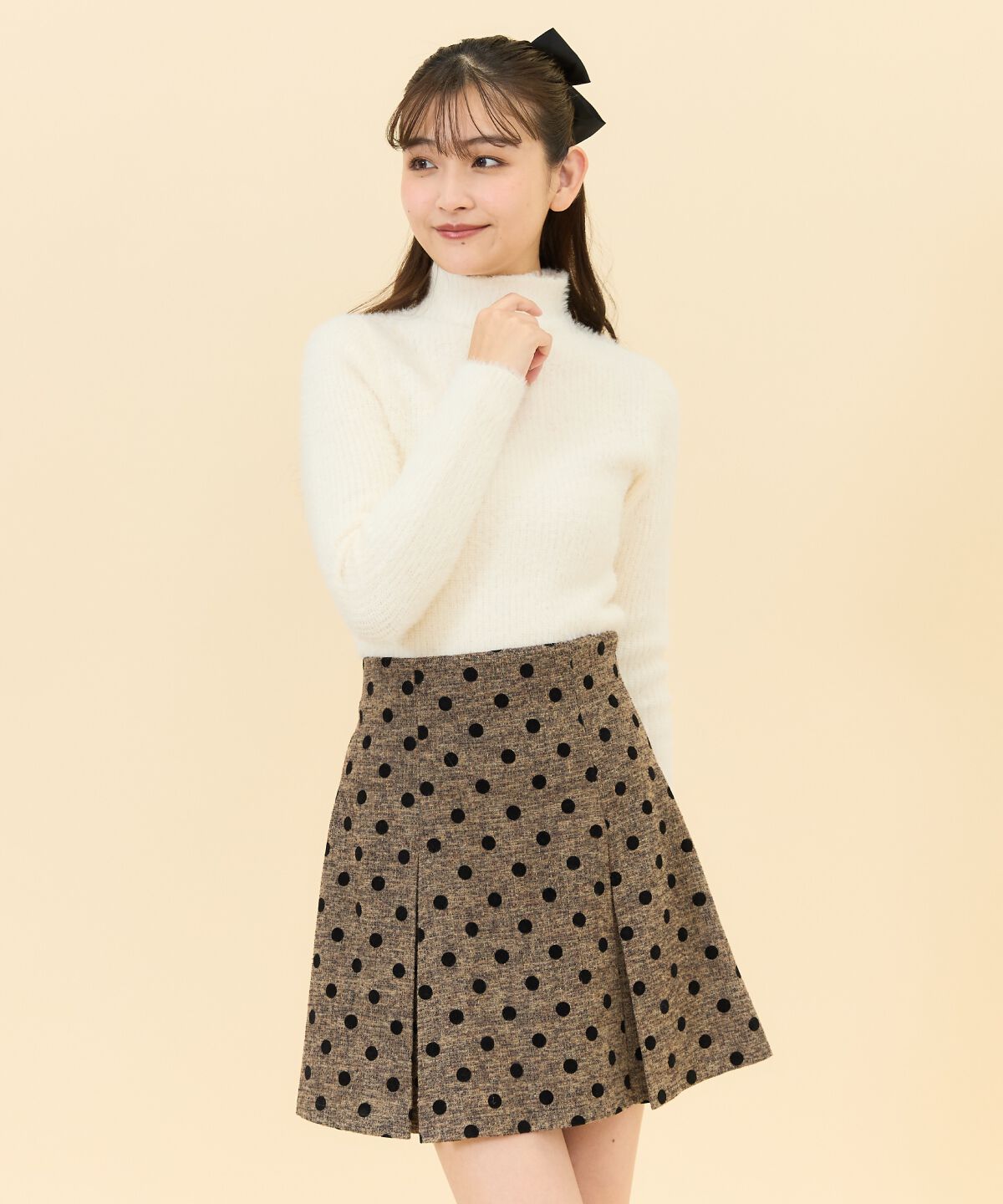 REDYAZEL「ドットフロッキーボックスプリーツミニスカート」|フレア|ブラウン