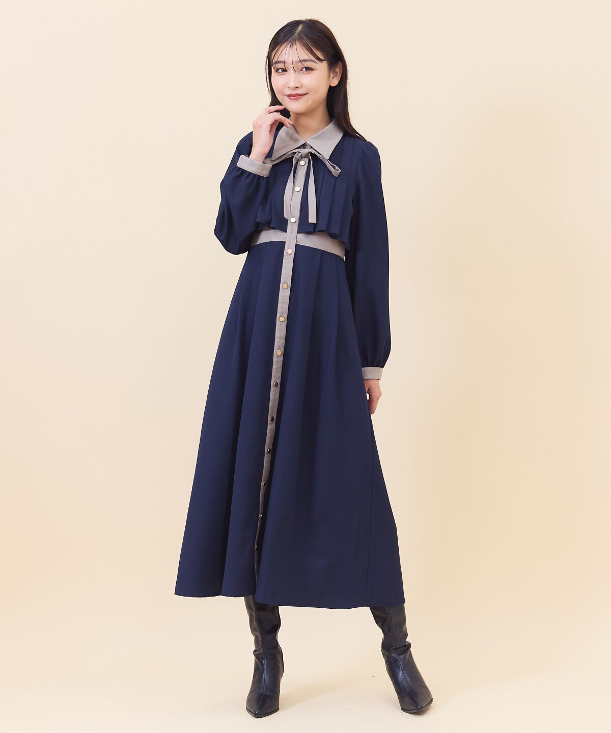 REDYAZEL「バイカラータックプリーツシャツワンピース」|ワンピース|ネイビー