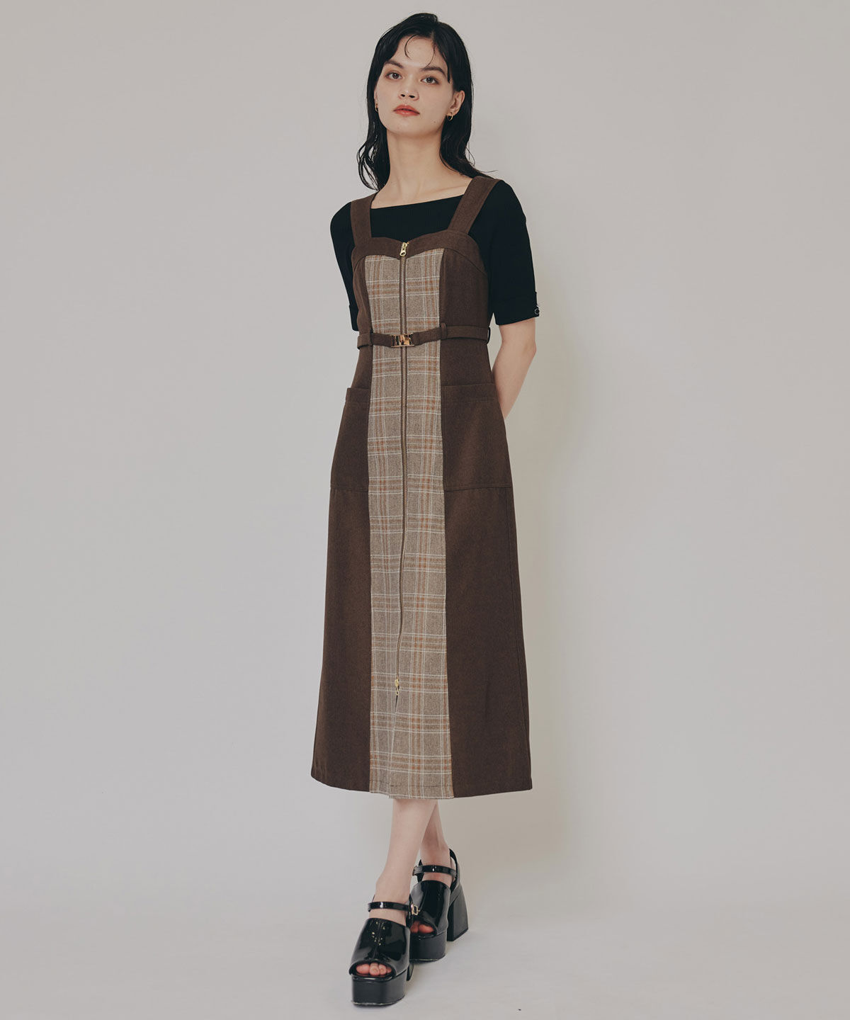 REDYAZEL「フロントジップバイカラーチェックワンピース」|ワンピース|ブラウン