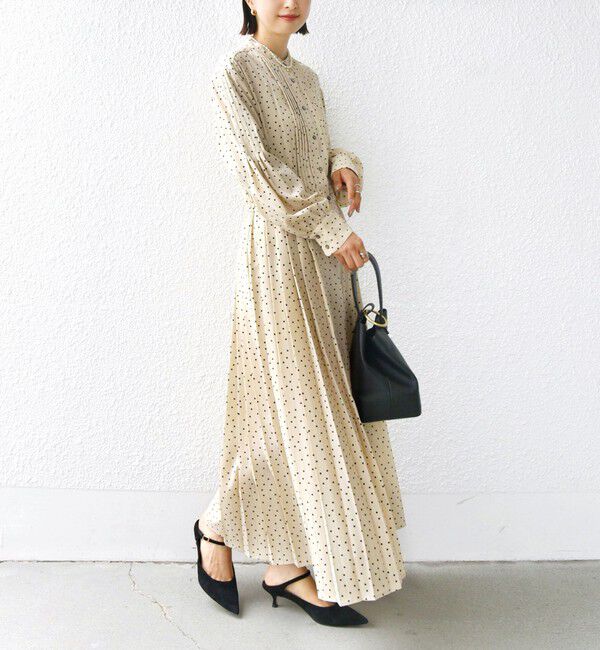 SHIPS for women「〈手洗い可能〉ドット / 花柄 バンドカラー サイド プリーツ ワンピース」|ワンピース|