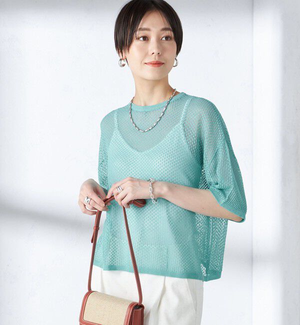 SHIPS for women「〈手洗い可能〉メッシュ編 半袖 ニット プルオーバー」|ニット・セーター|