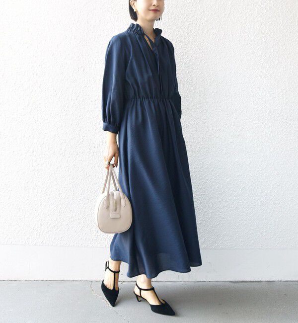 SHIPS for women「〈手洗い可能〉ネック ギャザー 7分袖 ボウタイ ワンピース」|ワンピース|