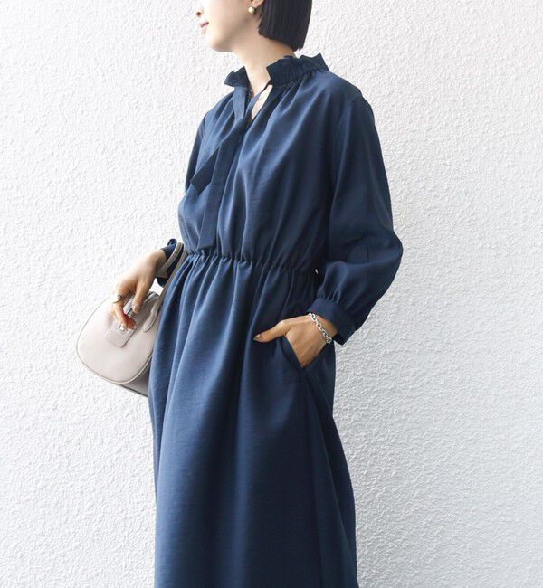 SHIPS for women「〈手洗い可能〉ネック ギャザー 7分袖 ボウタイ ワンピース」|ワンピース|