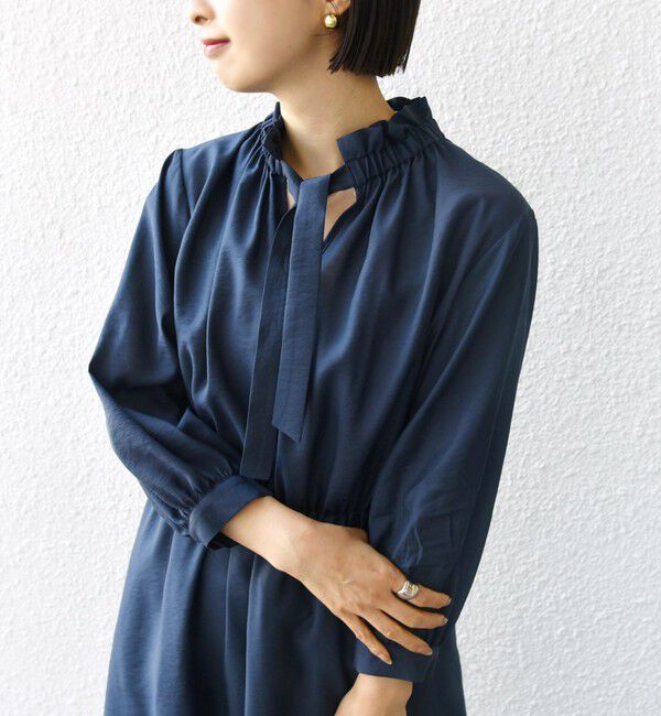 SHIPS for women「〈手洗い可能〉ネック ギャザー 7分袖 ボウタイ ワンピース」|ワンピース|