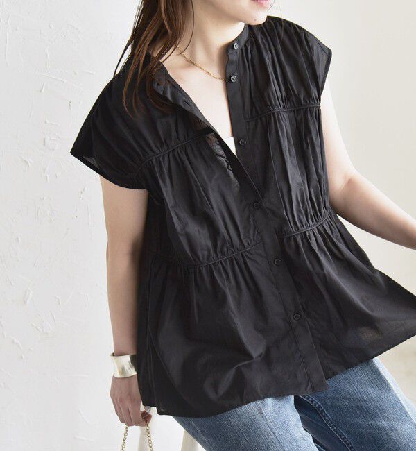 quaranciel「quaranciel:〈手洗い可能〉コットンボイル シアー ギャザー バンドカラー シャツ ブラウス」|シャツ・ブラウス|