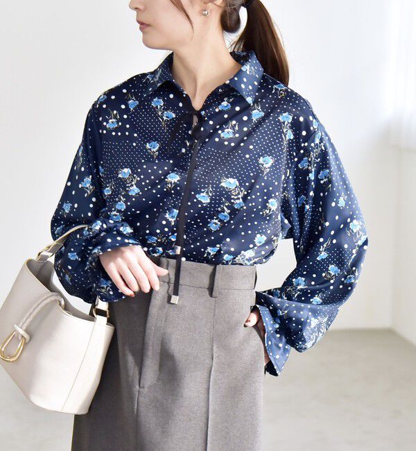 quaranciel「quaranciel:〈洗濯機可能〉ドット フラワー プリント リボンタイ シャツ」|シャツ・ブラウス|