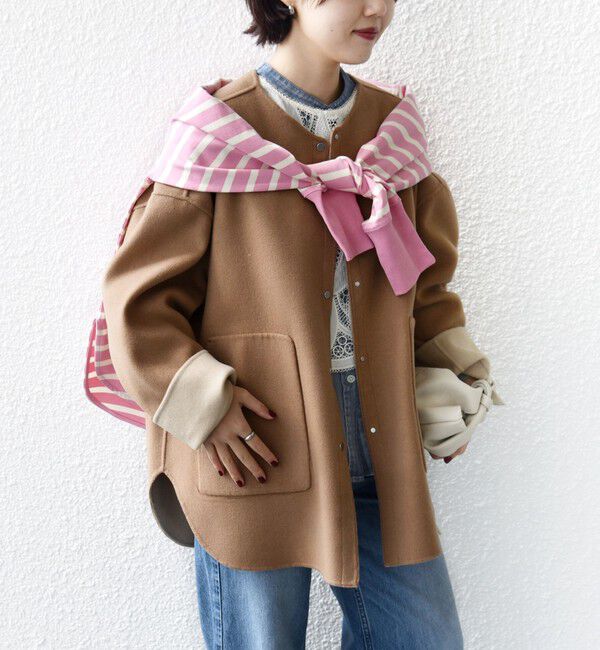 SHIPS for women「セミ 梳毛 配色 リバー ノーカラー コート」|ノーカラーコート|