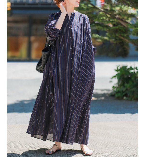 Spick and Span「HYU ストライプギャザーシャツワンピース」|ワンピース|ブラウンベース