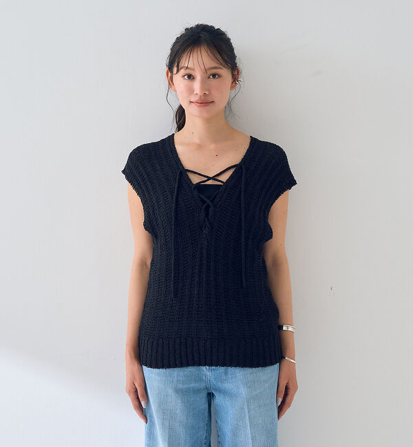 Rouge vif「麻混ニットレースアップベスト」|ニット・セーター|