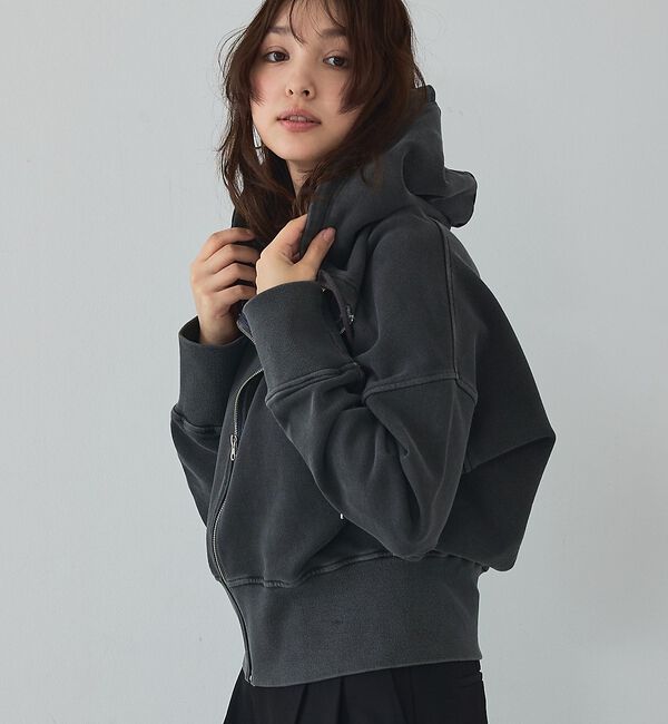 abahouse mavie「【裏毛】ピグメントショートジップパーカー/ヴィンテージ風/長袖/スウェット/春服」|パーカー|ブラック