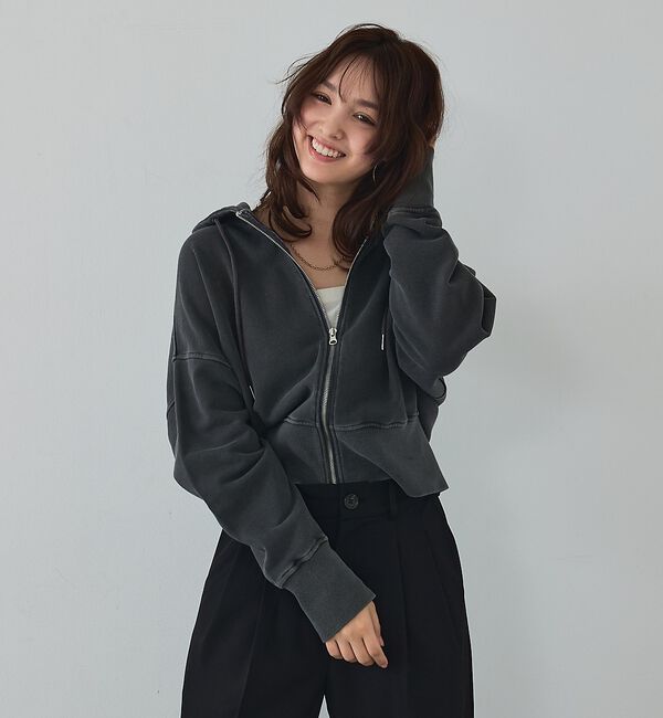 abahouse mavie「【裏毛】ピグメントショートジップパーカー/ヴィンテージ風/長袖/スウェット/春服」|パーカー|
