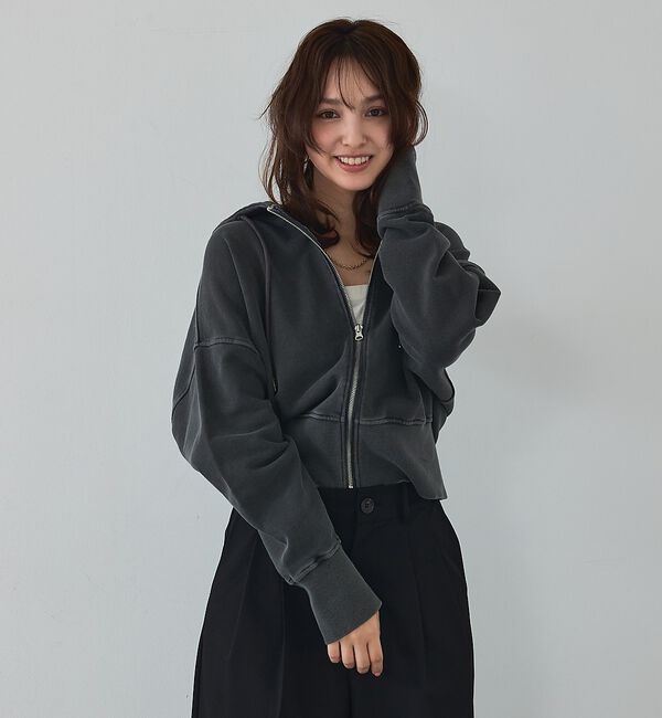 abahouse mavie「【裏毛】ピグメントショートジップパーカー/ヴィンテージ風/長袖/スウェット/春服」|パーカー|