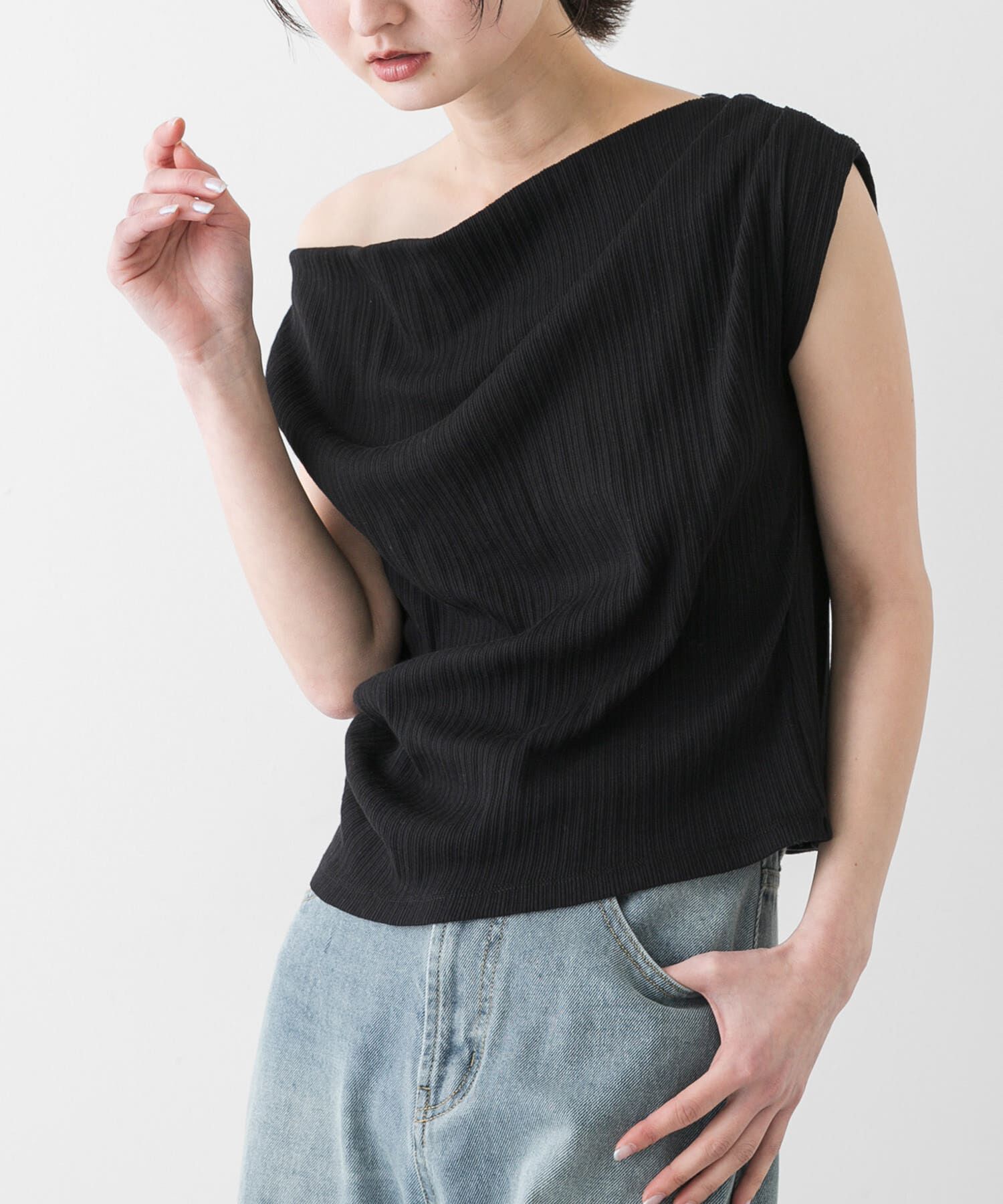 SENSE OF PLACE by URBAN RESEARCH「ランダムリブワンショルダーカットトップ」|Tシャツ・カットソー|ブラック